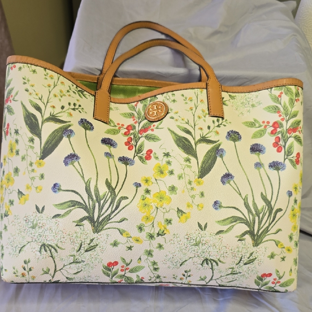 TORY BURCH Floral Tote Bag with Tan Handles
